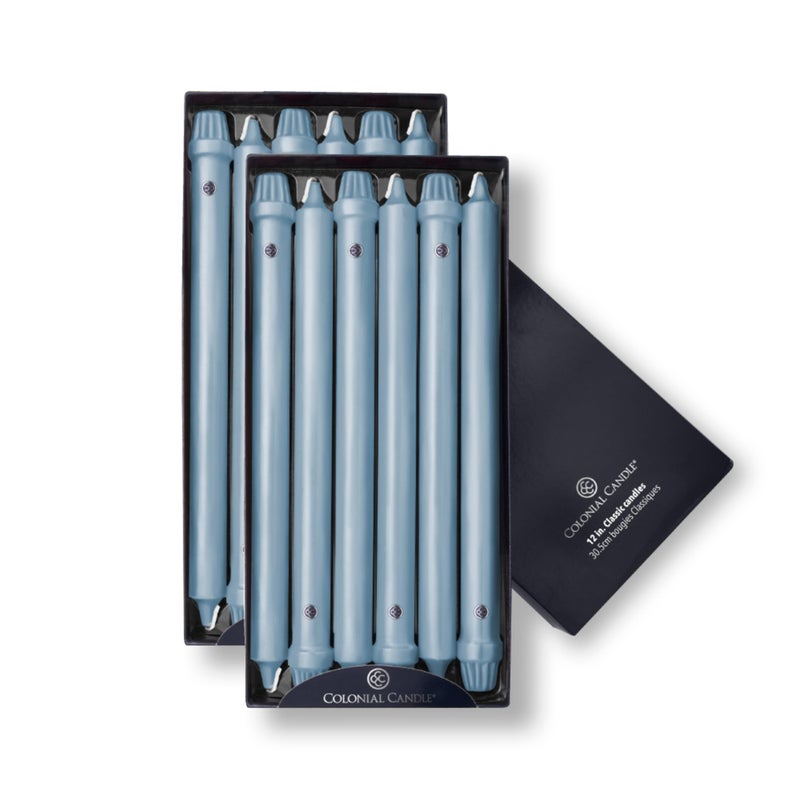 Colonial Candle Unscented Taper Candle Classic Collection Coastal Blue 12 in Pack of 12 Up to 10 Hours Burn