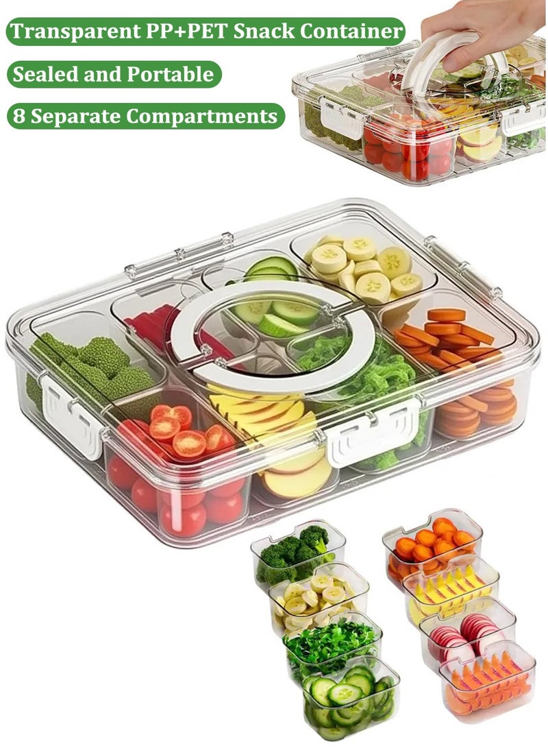 Portable Snack Box Container, Divided Serving Tray with Lid and Handle, Snack Container with 8 Compartments, Reusable Snack Serving Platters, Outdoor Snack Organizer for Travel, Party and Picnic Charcuterie, Candy, Nut Storage - Image 1