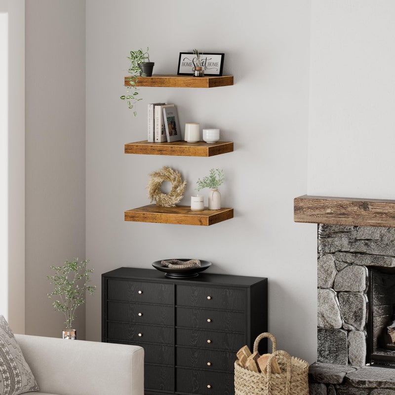 QEEIG 12" Deep Floating Shelves for Wall - 12 x 16 inch Book Shelf Bathroom Bedroom Kitchen Living Room Hanging Bookshelf Farmhouse Set of 3, Brown (026-40BN3) - Image 4