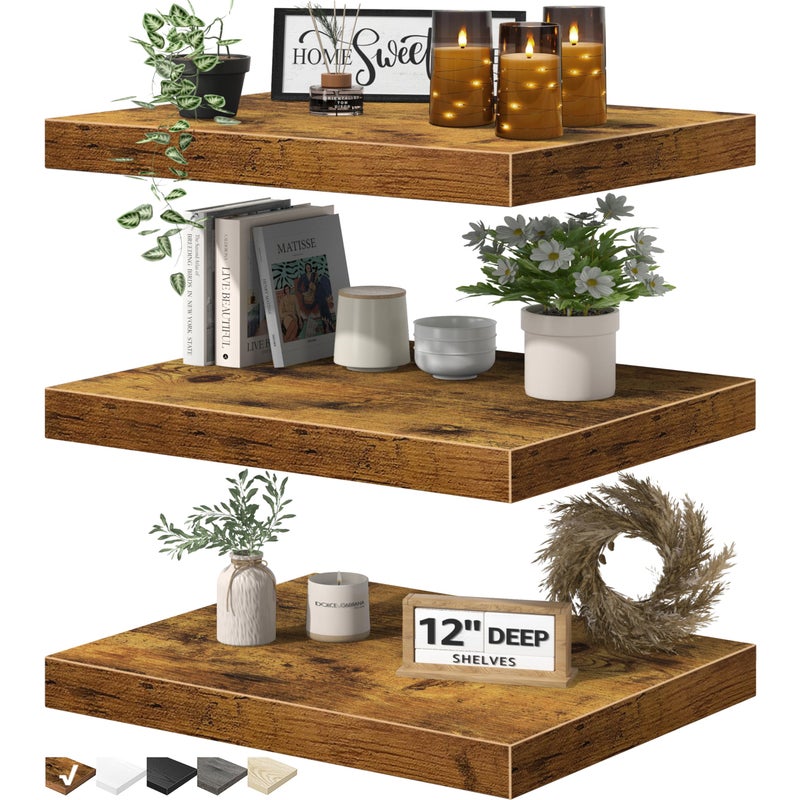 QEEIG 12" Deep Floating Shelves for Wall - 12 x 16 inch Book Shelf Bathroom Bedroom Kitchen Living Room Hanging Bookshelf Farmhouse Set of 3, Brown (026-40BN3) - Image 1