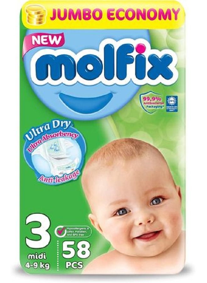 Molfix Diapers With 3D Technology - Jumbo Economy Pack 58 Pcs - Size 3 - Image 1