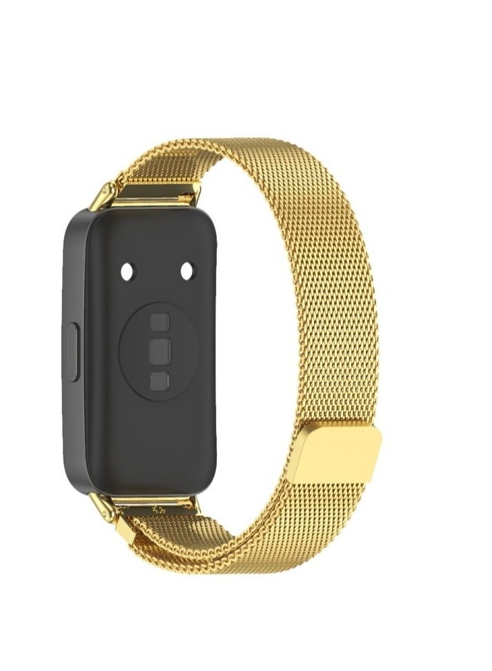 Luxury Design Replacement Strap for Huawei Band 8/9, Breathable and Waterproof, Stainless Steel Mesh Strap, Magnetic Buckle, Easy to Install, Adjustable Length Watch Strap for Women Men ( Gold)