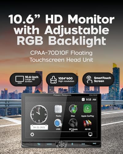 POWER ACOUSTIK ستيريو سيارة باور أكوستيك CPAA-70D10F - وحدة رأس تدعم آبل كار بلاي وأندرويد أوتو، شاشة تعمل باللمس مزدوجة الدين بحجم 10.6 بوصة مع بلوتوث، مدخل AUX، USB، SD، مستقبل AM/FM، مشغل CD/DVD - Image 3