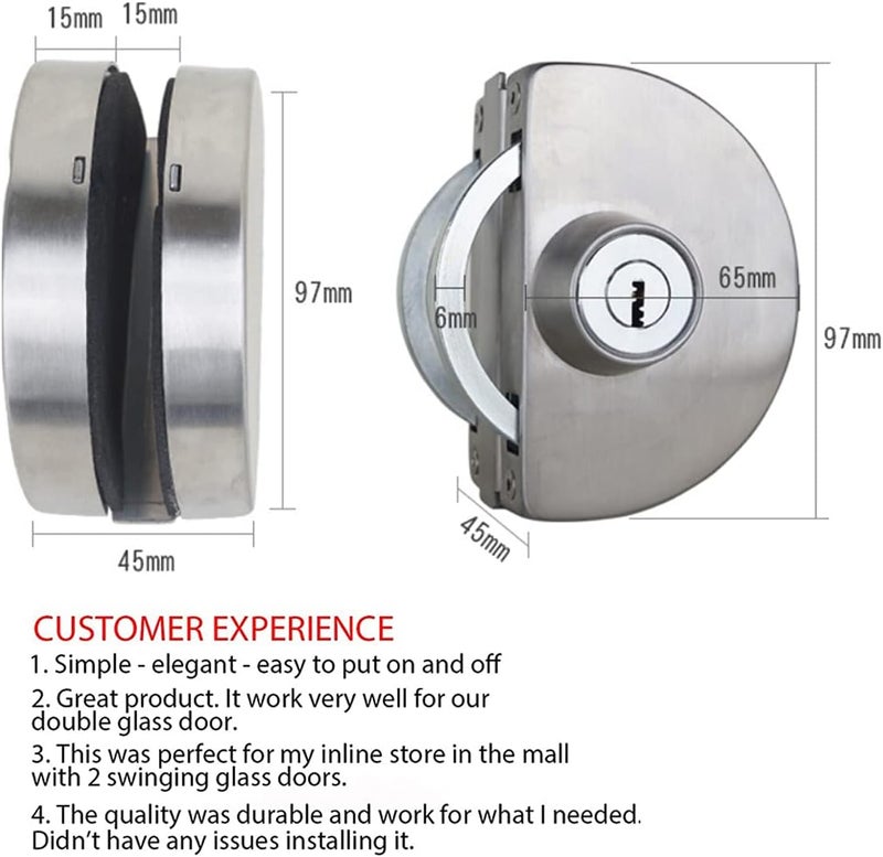 JING 304 Stainless Steel Yu Round Glass Door Lock, Home, Commercial Durable Metal Chrome 10-12 mm Glass Door NO Drill Anti-Theft Security Lock, Double Swing Hinged Frameless Push Sliding Gate Lock 3 Keys - Image 2