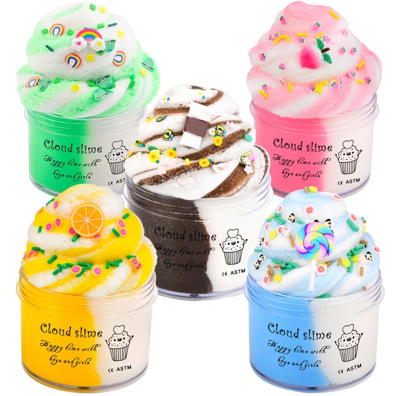 WUJYLY Cloud Slime Kit 5 Pack with Peach Rainbow Lemon Coffee Slime Charms DIY Slime Supplies for Girls and Boys Stress Relief Toy for Kids Education Party Favor Gift and Birthday - Image 3