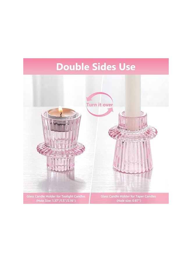 The Bros Glass Candle Holders, Set of 3 Ribbed Glass Candlesticks, Vintage Crystal Tealight Taper Candle Container Stand for Christmas Decorations Table Centerpieces Festival, Wedding Dinner Party (Pink) - Image 3