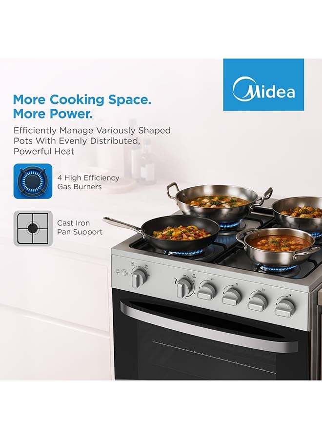Midea 60x60cm Free Standing Gas Cooker with Oven & Grill, 4 Gas Burners, Auto Ignition, Mechanical Control, Enamel Baking Tray & Grill Rack – MFO-MG24TE(OL) MFO-MG24TE(OL) Silver - Image 3