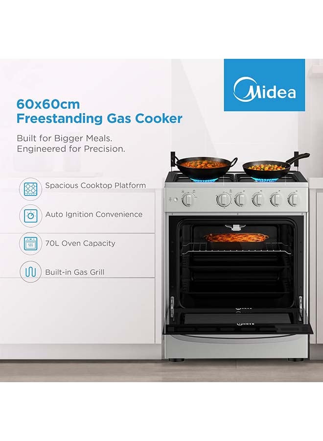 Midea 60x60cm Free Standing Gas Cooker with Oven & Grill, 4 Gas Burners, Auto Ignition, Mechanical Control, Enamel Baking Tray & Grill Rack – MFO-MG24TE(OL) MFO-MG24TE(OL) Silver - Image 2
