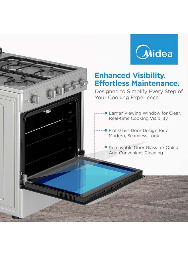 Midea 60x60cm Free Standing Gas Cooker with Oven & Grill, 4 Gas Burners, Auto Ignition, Mechanical Control, Enamel Baking Tray & Grill Rack – MFO-MG24TE(OL) MFO-MG24TE(OL) Silver - Image 5