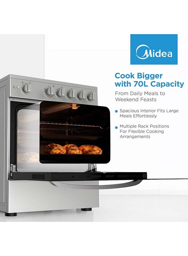Midea 60x60cm Free Standing Gas Cooker with Oven & Grill, 4 Gas Burners, Auto Ignition, Mechanical Control, Enamel Baking Tray & Grill Rack – MFO-MG24TE(OL) MFO-MG24TE(OL) Silver - Image 4