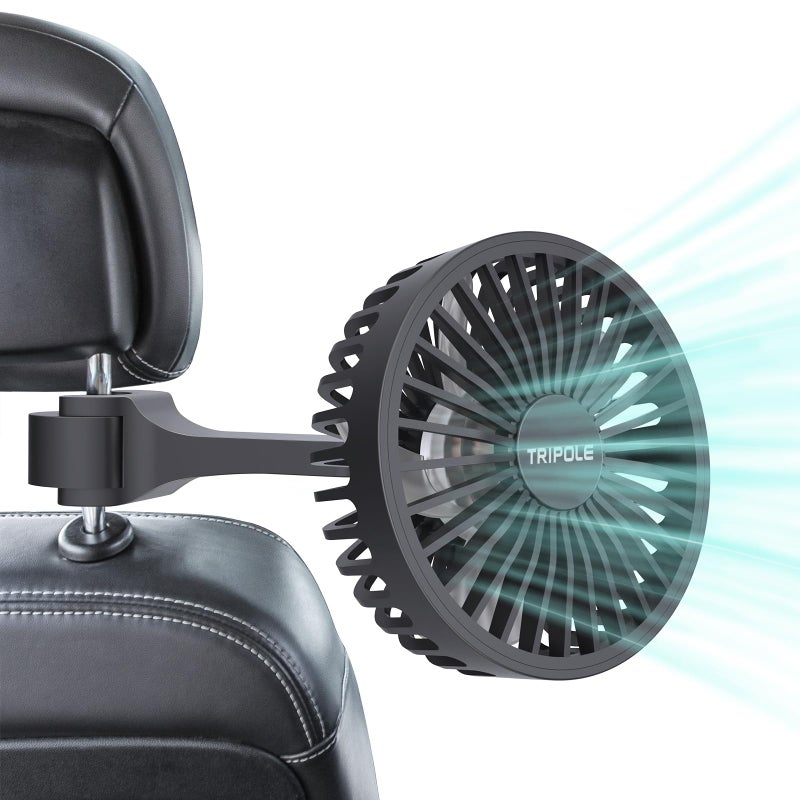 TriPole Car Fan for Rear Seat USB Powered Powerful 3 Speed 5V Fan with Adjustable Clip for Vehicles SUV RV - Image 1