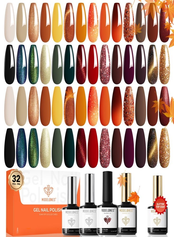 modelones 32 PCS Fall Gel Nail Polish Set, 28 Colors Gel Polish with No Wipe Base Coat, Glitter & Glossy & Matte Top Coat Yellow Orange Brown Nude Glitter Soak Off LED Nail Art Kit Salon at Home - Image 1