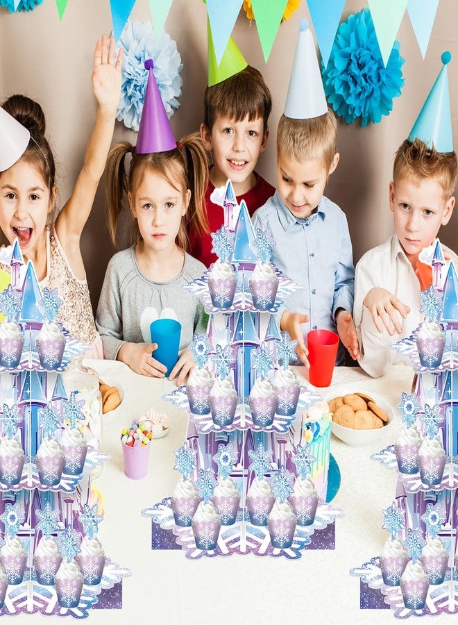 حامل كيك ثلاثي الطبقات بتصميم ندفة الثلج، وقلعة جليدية زرقاء بنفسجية، مع 12 غلاف كب كيك و12 قطعة تزيين للكيك، مثالي لحفلات أعياد ميلاد البنات وحفلات استقبال المولود الجديد وحفلات أميرات الشتاء. - Image 4