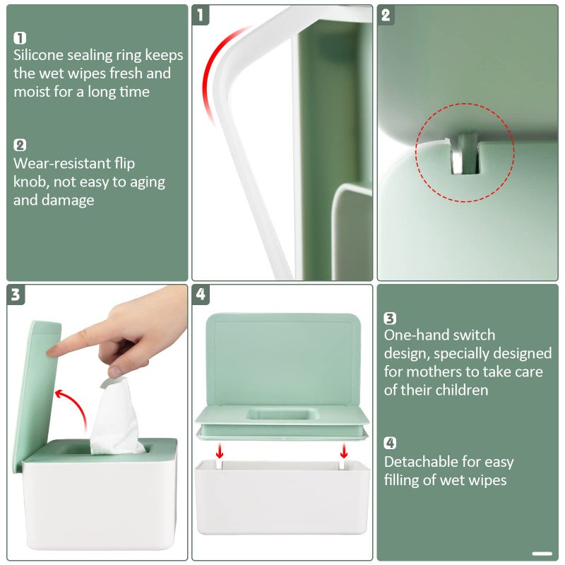 Whiidoom Diaper Wipes Dispenser Wipes Holder, Wipes Tissue Case Keeps Wipes Fresh Tissue Wipes Container with Lid (Green) - Image 3