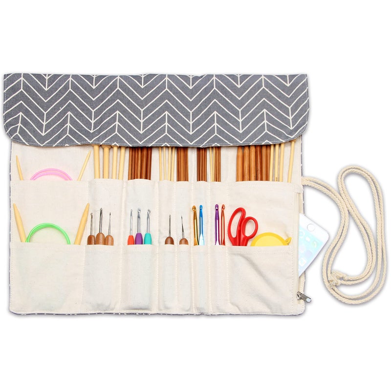 Teamoy Knitting Needles Holder Caseup to 14 Inches Rolling Organizer for Straight and Circular Knitting Needles Crochet Hooks and Accessories Gray  NO Accessories Included