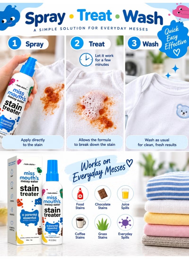 Miss Mouth's Messy Eater Stain Treater Spray, 120ml (4 Fl Oz), Fast-Acting Fabric Stain Remover for Clothes & Bibs, Powerful Baby Food Stain Cleaner, Easy Spray Formula for Removing Food, Drink & Everyday Stains, Convenient Laundry Care Solution for Home & Travel - Image 4