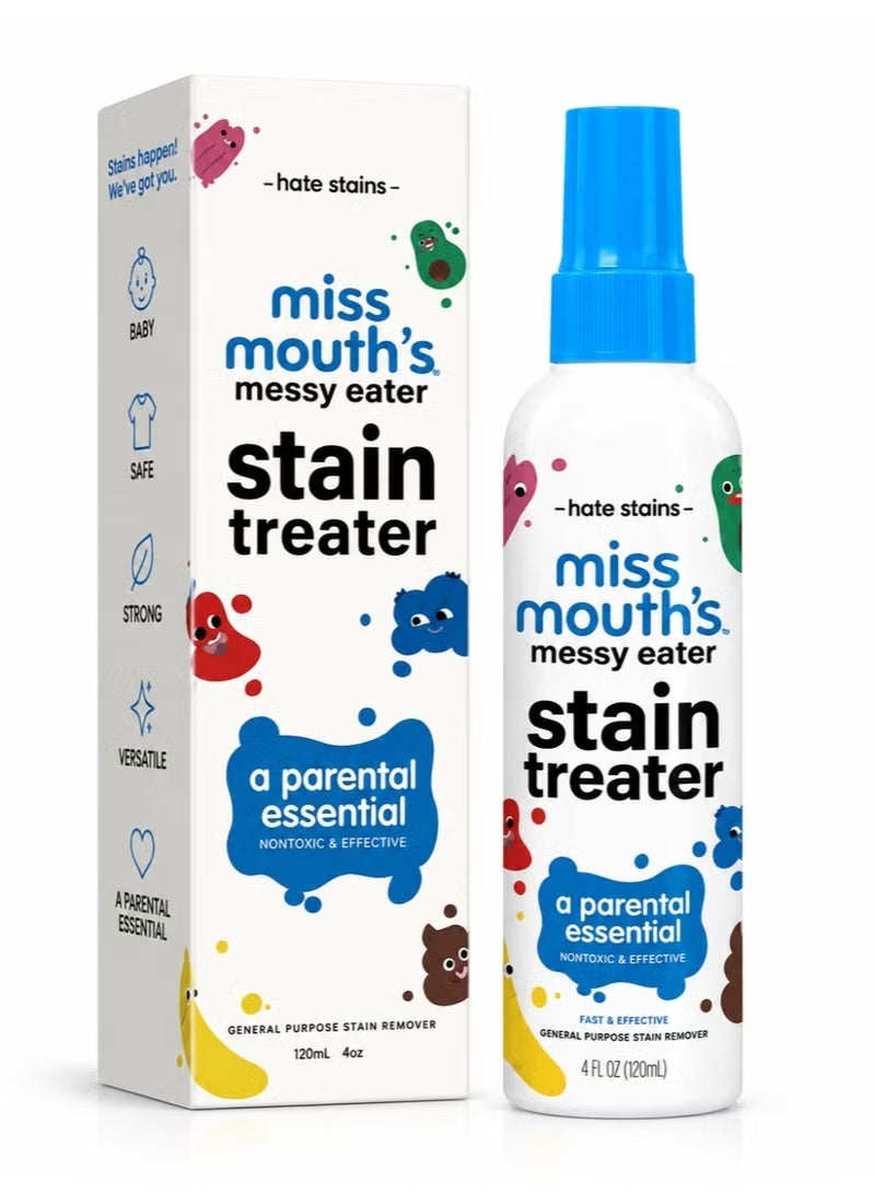Miss Mouth's Messy Eater Stain Treater Spray, 120ml (4 Fl Oz), Fast-Acting Fabric Stain Remover for Clothes & Bibs, Powerful Baby Food Stain Cleaner, Easy Spray Formula for Removing Food, Drink & Everyday Stains, Convenient Laundry Care Solution for Home & Travel - Image 1