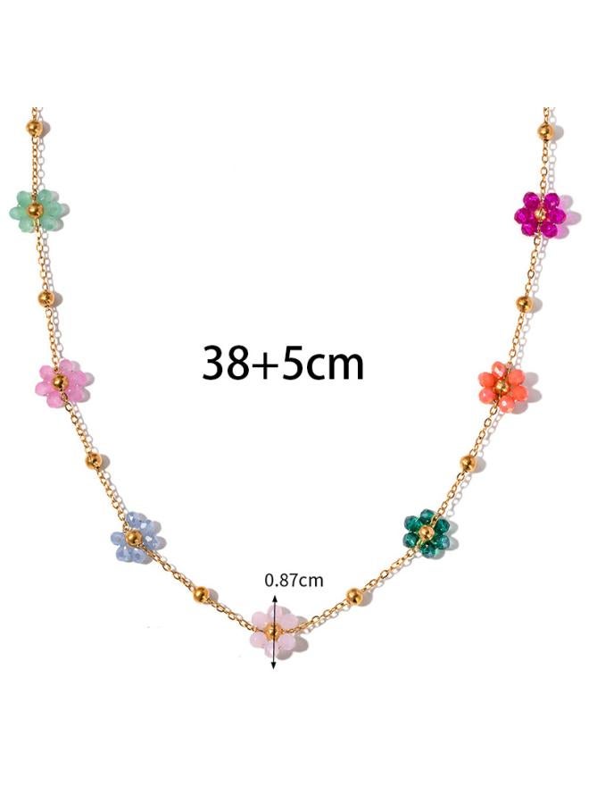 Vintage Colorful Flower Beaded Necklace Bracelet Dopamine Girl Small Flower Choker Titanium Steel Summer Clavicle Chain 