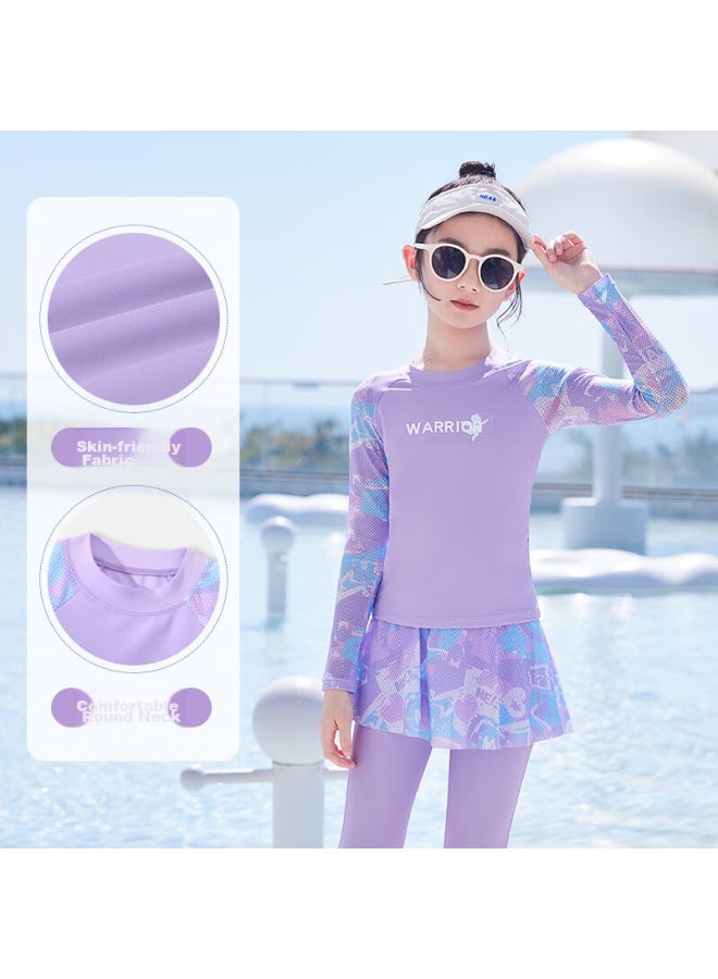 Pull Back Huili Children's Swimwear, Girls' Two-piece Long-sleeve And Long-pants Set, For Older Girls, Quick-dry Swimming Five-piece Set, 34065 Purple, Size L - Image 2