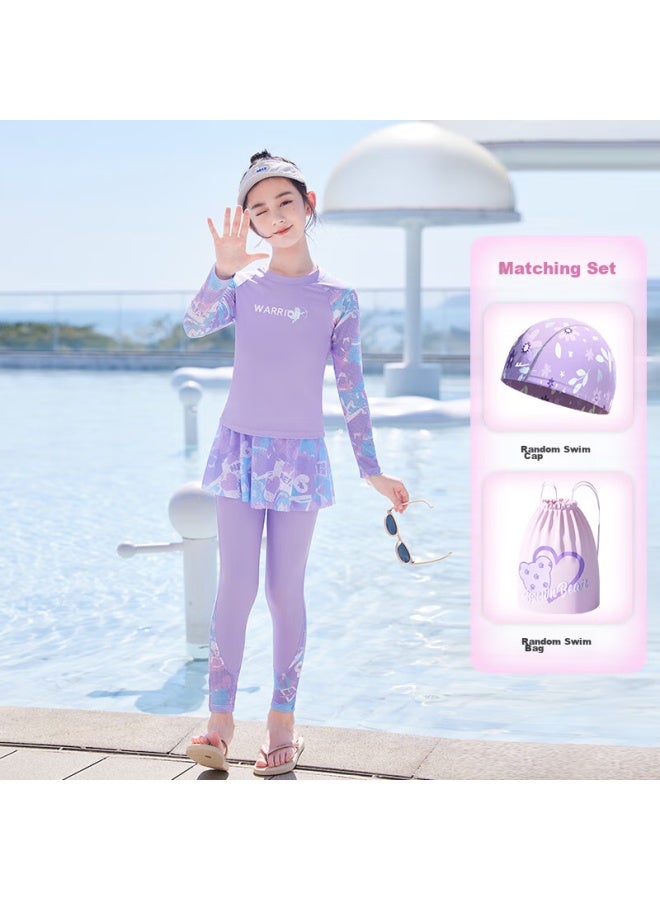 Pull Back Huili Children's Swimwear, Girls' Two-piece Long-sleeve And Long-pants Set, For Older Girls, Quick-dry Swimming Five-piece Set, 34065 Purple, Size L - Image 1