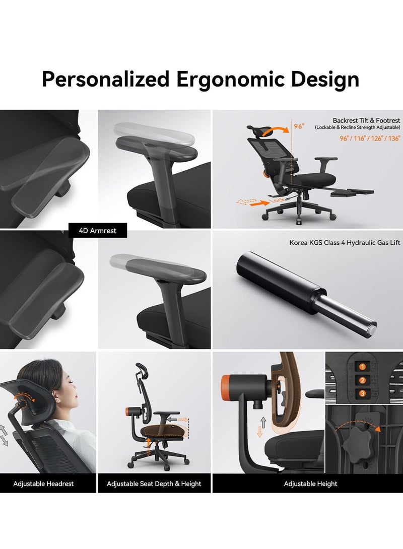 DROGO Ergonomic Office Chair for Work from Home with Adaptive Lumbar Support, Laptop Tray, 4D Armrest, Recline, Footrest, Adjustable Height & Headrest, High Back Computer Chair Office/Home (Black) - Image 2