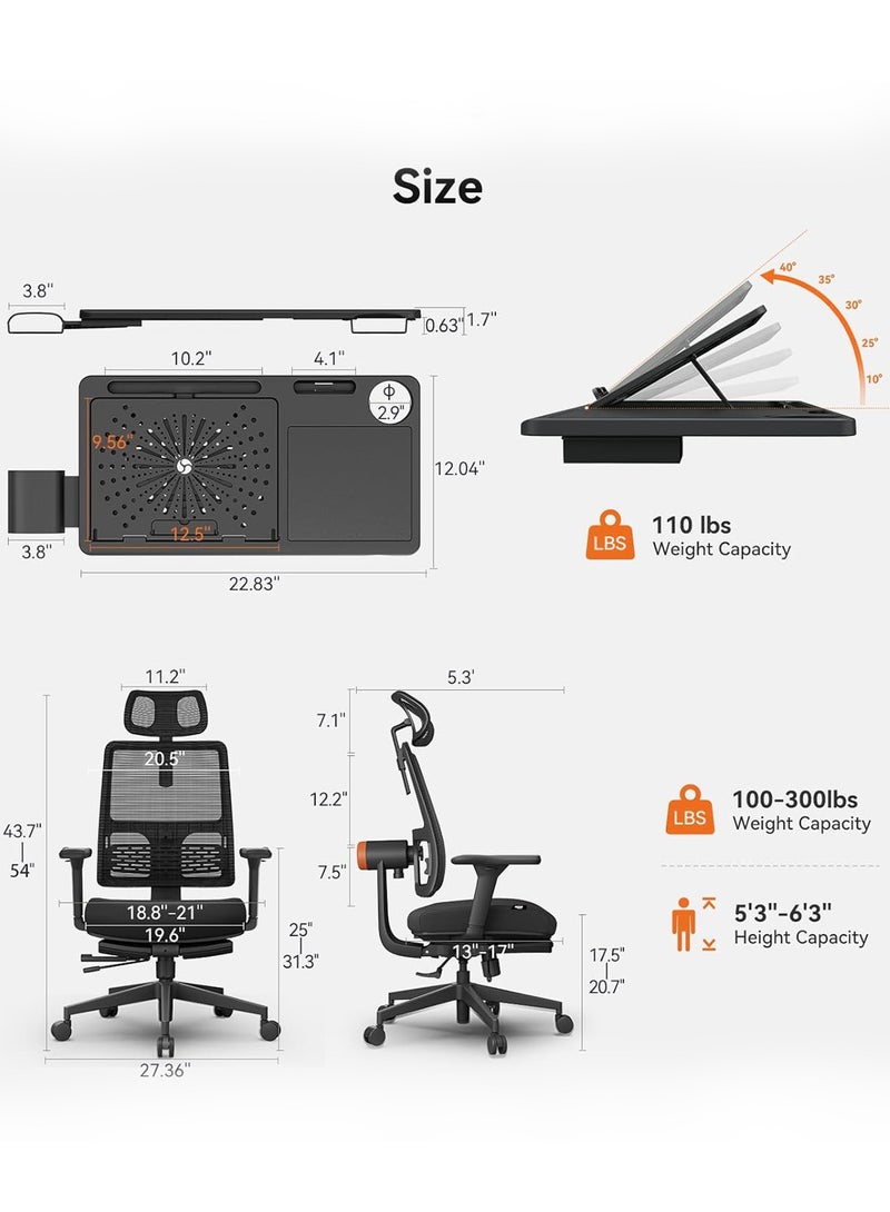 DROGO Ergonomic Office Chair for Work from Home with Adaptive Lumbar Support, Laptop Tray, 4D Armrest, Recline, Footrest, Adjustable Height & Headrest, High Back Computer Chair Office/Home (Black) - Image 3