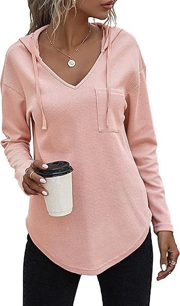 Womens V-Neck Hoodie Waffle Knit Sweatshirt with Pockets Pink 