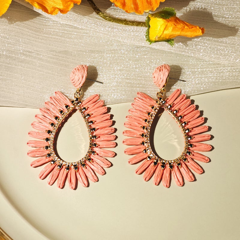 Bold Colorful Raffia Earrings Geometric Drop Women E6074-5/lotus pink 
