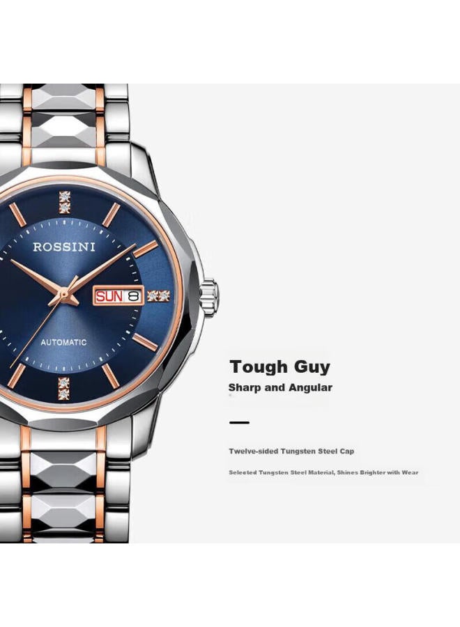 Rossini Men's Automatic Mechanical Watch With Blue Dial, Tungsten Steel Strap, Birthday Gift For Boyfriend, Chinese Brand, Business Style, Water-resistant 6889 - Image 3