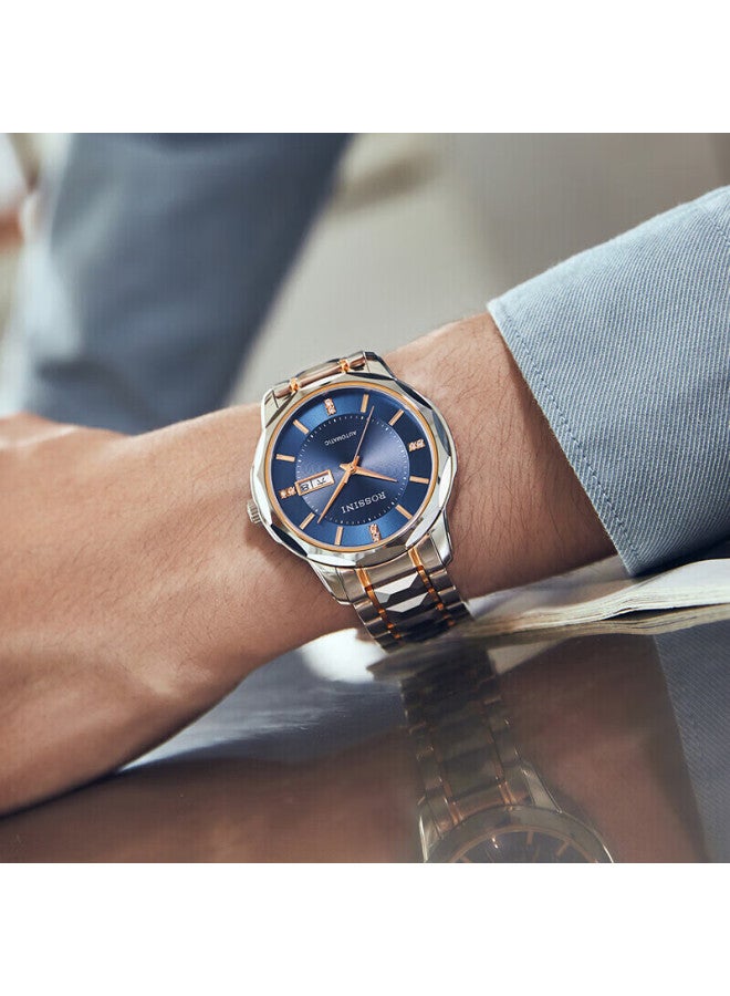 Rossini Men's Automatic Mechanical Watch With Blue Dial, Tungsten Steel Strap, Birthday Gift For Boyfriend, Chinese Brand, Business Style, Water-resistant 6889 - Image 2