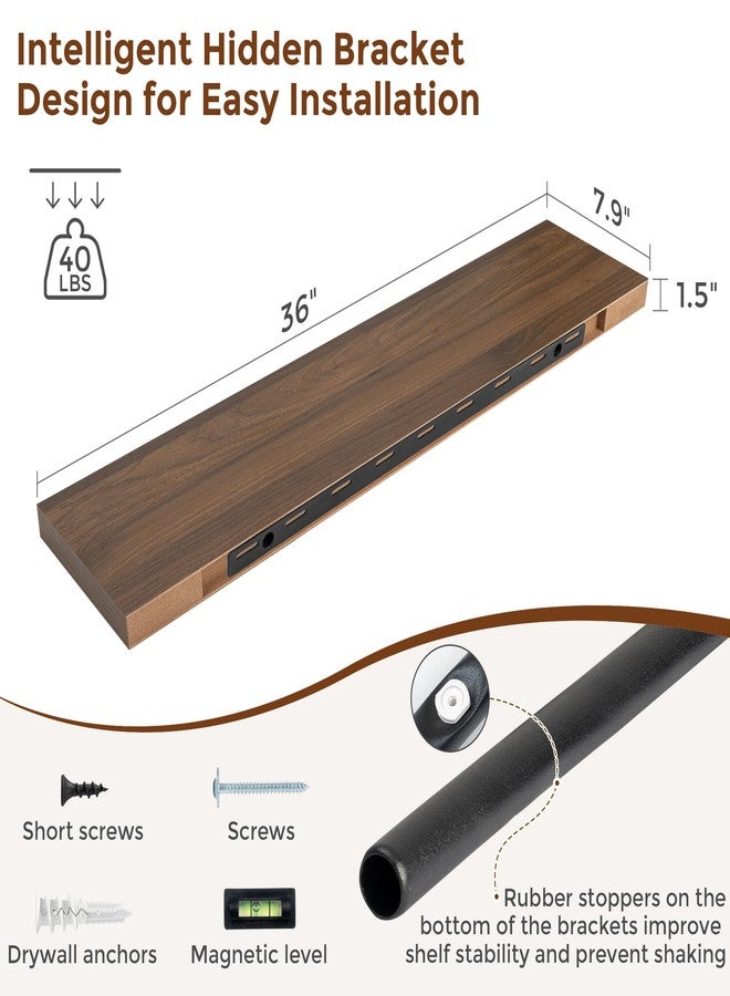 Heimlove 36 Inch Floating Shelves for Wall 8 Inch Deep Walnut Shelves Set of 2,Wall Mounted Rustic Wood Long Floating Shelf with Invisible Brackets for Bedroom Kitchen Living Room - Image 3
