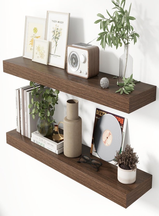 Heimlove 36 Inch Floating Shelves for Wall 8 Inch Deep Walnut Shelves Set of 2,Wall Mounted Rustic Wood Long Floating Shelf with Invisible Brackets for Bedroom Kitchen Living Room - Image 1
