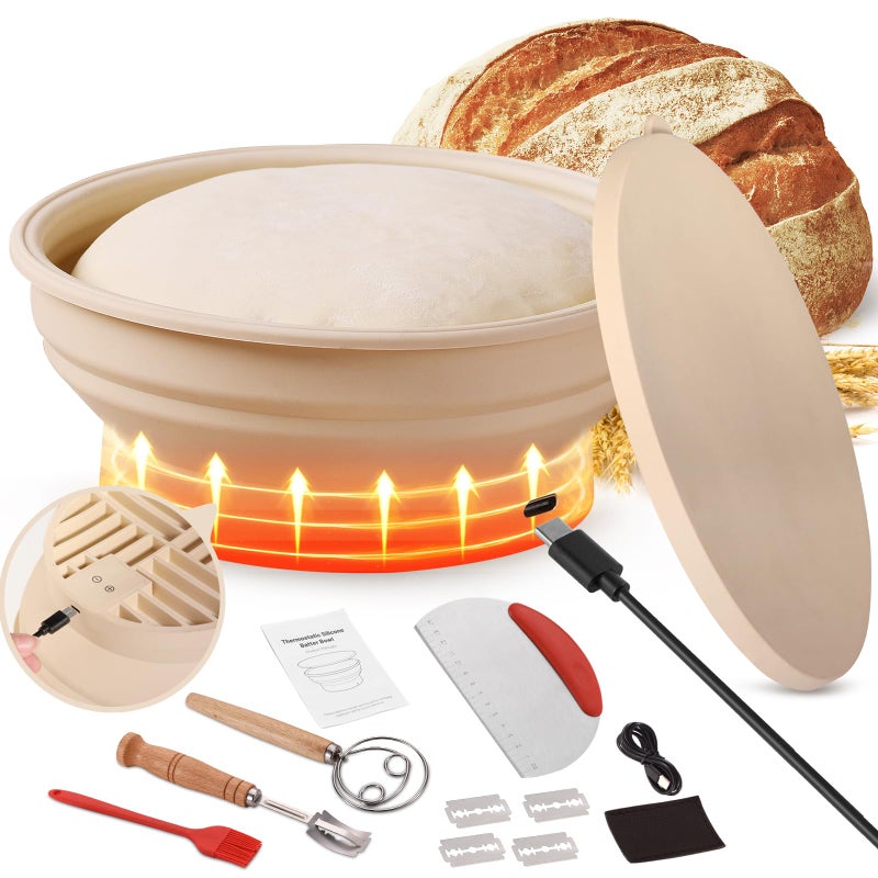 Yacumx Heating Sourdough Bread Proofing Basket Set, Electric Thermostatic Silicone Batter Bowl, Banneton Baking Supplies, 9 Inch Round Foldable Proofing Bowl, White - Image 1