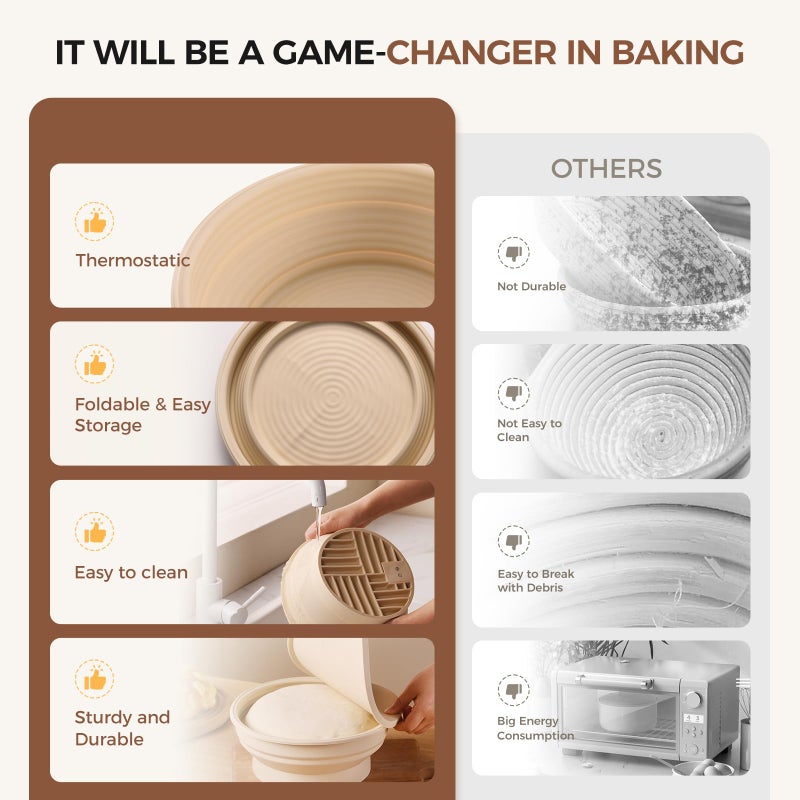 Yacumx Heating Sourdough Bread Proofing Basket Set, Electric Thermostatic Silicone Batter Bowl, Banneton Baking Supplies, 9 Inch Round Foldable Proofing Bowl, White - Image 4