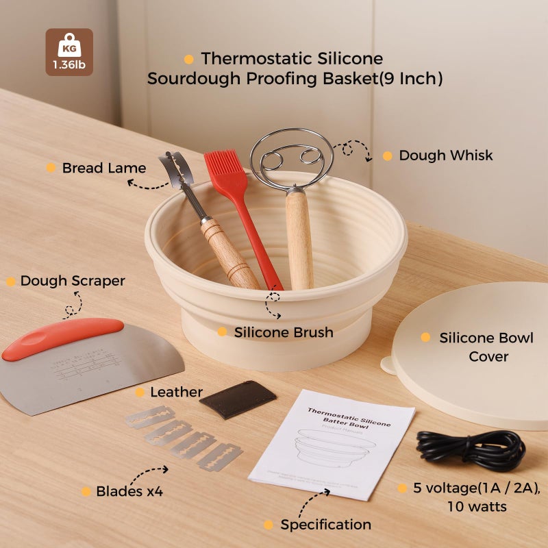 Yacumx Heating Sourdough Bread Proofing Basket Set, Electric Thermostatic Silicone Batter Bowl, Banneton Baking Supplies, 9 Inch Round Foldable Proofing Bowl, White - Image 5