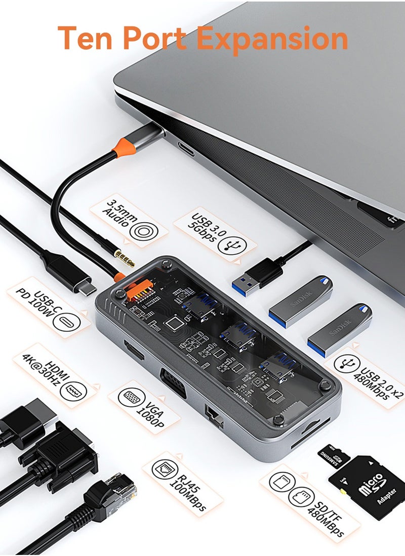 دونجل محور USB C، محطة إرساء محول USB C 10 في 1 مع اتش دي ام اي 4 كيه، في جي ايه، نوع C PD، USB3.0، RJ45 إيثرنت، قارئ بطاقة اس دي/ تي اف، ايه يو اكس3.5 مم، متوافق مع ماك بوك برو/اير، أخرى اكتب C اوهمي