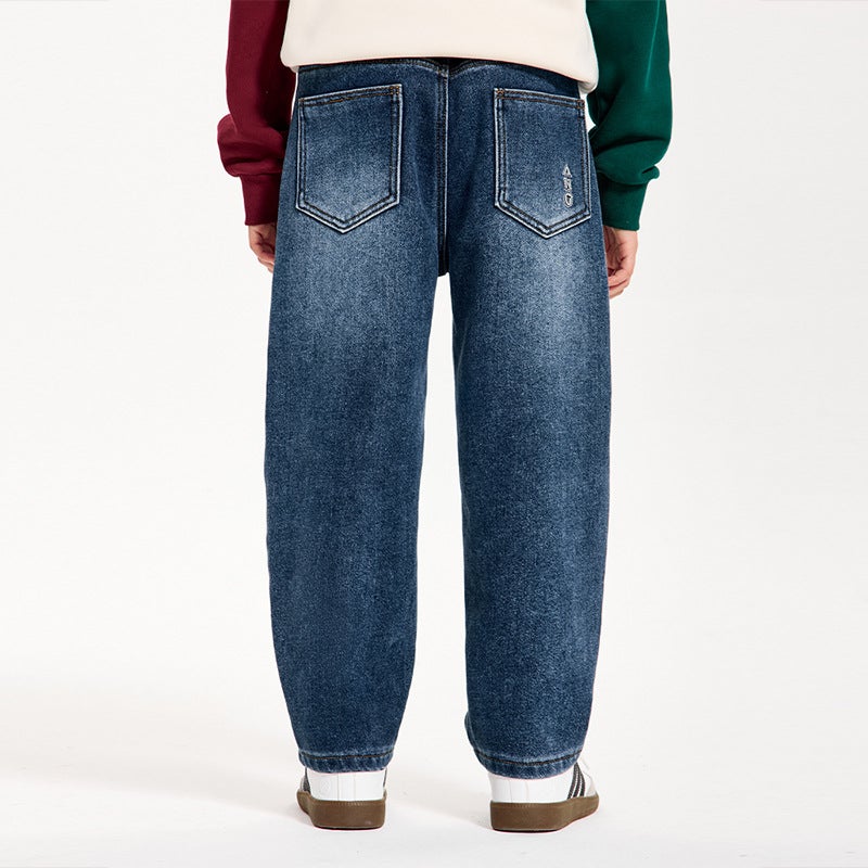 Dk Children'S Clothing Autumn Japanese Style Straight-Leg Fleece-Lined Warm Jeans For Girls And Boys Versatile Casual Pants - Image 4