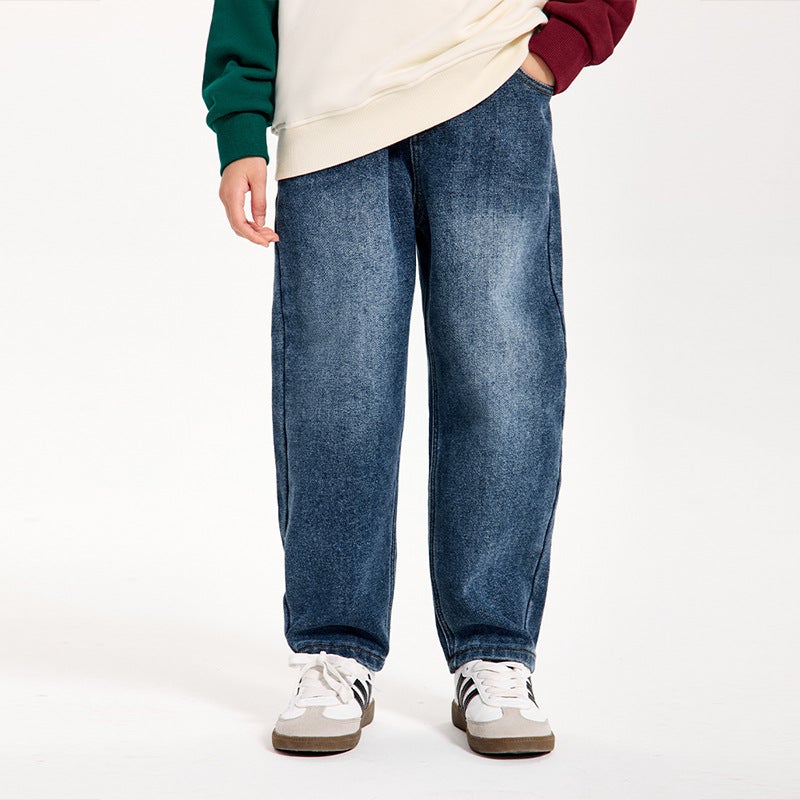 Dk Children'S Clothing Autumn Japanese Style Straight-Leg Fleece-Lined Warm Jeans For Girls And Boys Versatile Casual Pants - Image 3