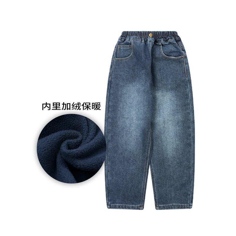 Dk Children'S Clothing Autumn Japanese Style Straight-Leg Fleece-Lined Warm Jeans For Girls And Boys Versatile Casual Pants - Image 1