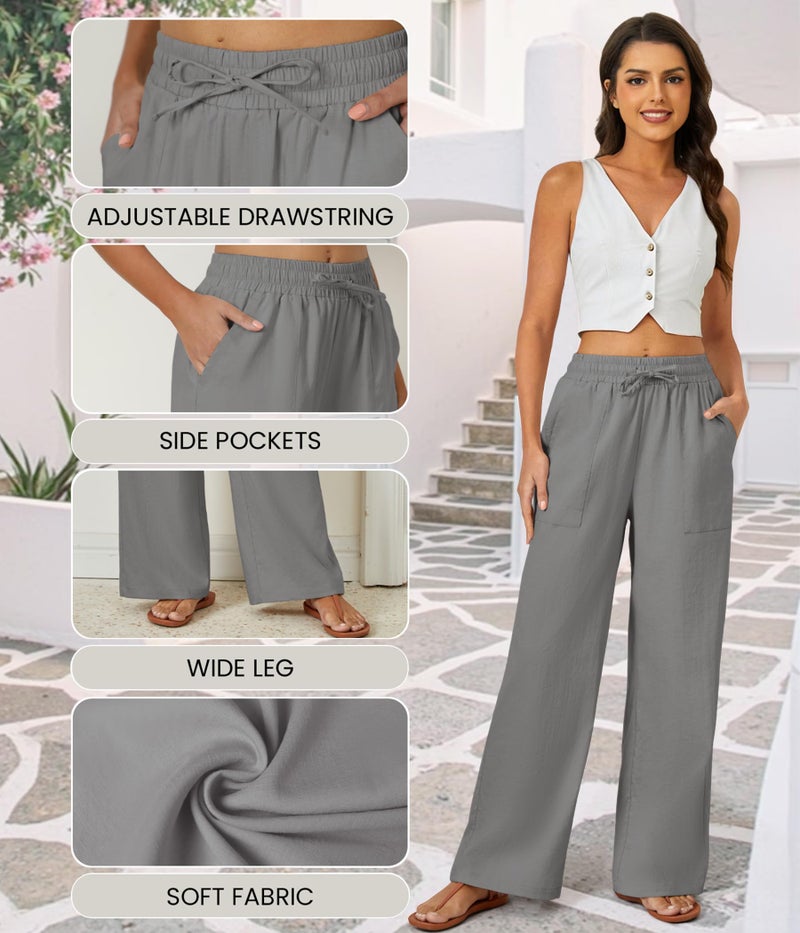 FireSwan Womens Palazzo Pants Casual Drawstring Flowy Pants Wide Leg Summer Beach Linen Trousers with Pockets Grey - Image 5