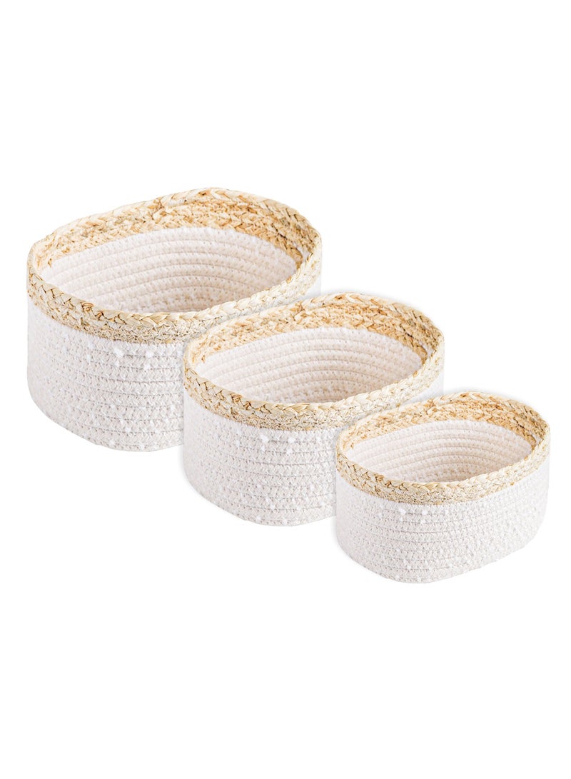 FCG Home FCG Home - Rope Woven Storage Baskets Set of 3 - Small Rope Baskets for Shelves Bathroom, Nursery Organizer Bins for Baby Toys, Snow Cotton and Corn Braids Design (White & Natural)  - Image 1