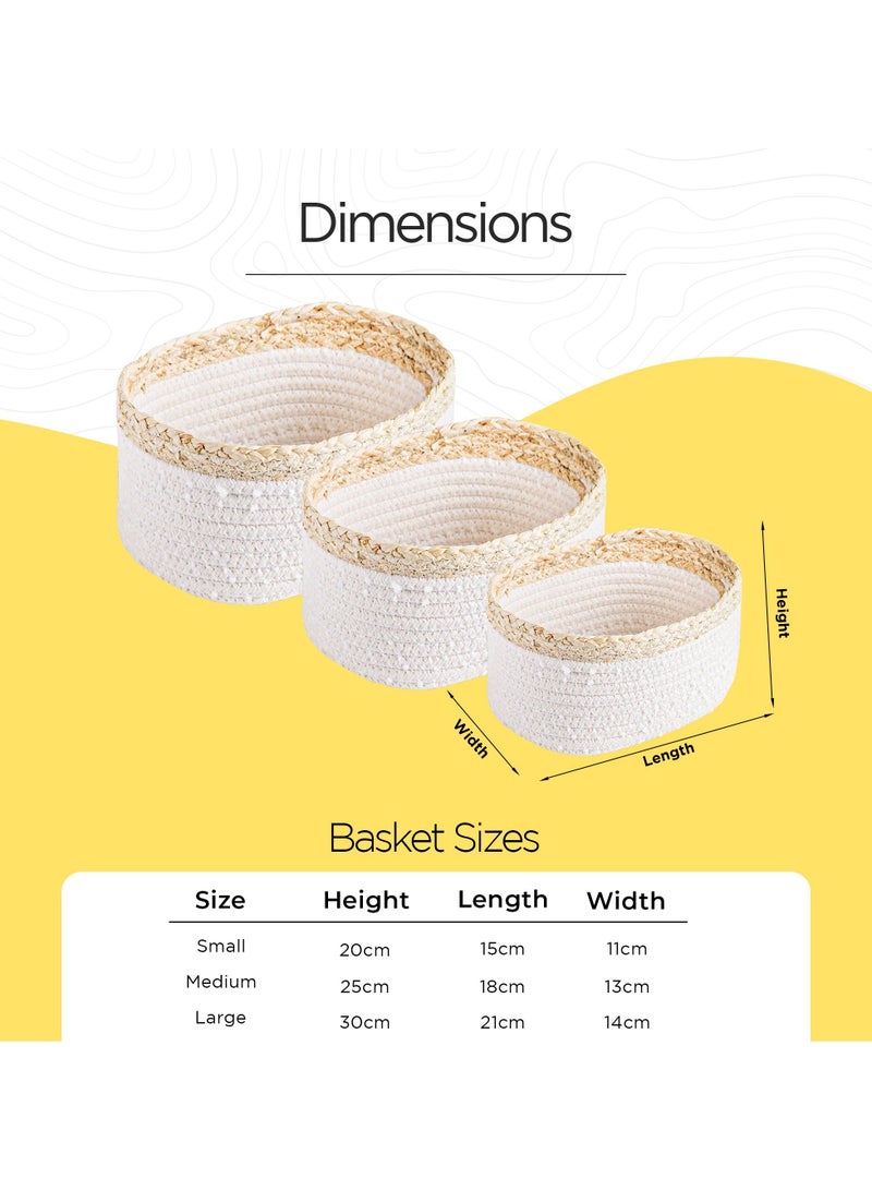 FCG Home FCG Home - Rope Woven Storage Baskets Set of 3 - Small Rope Baskets for Shelves Bathroom, Nursery Organizer Bins for Baby Toys, Snow Cotton and Corn Braids Design (White & Natural)  - Image 2