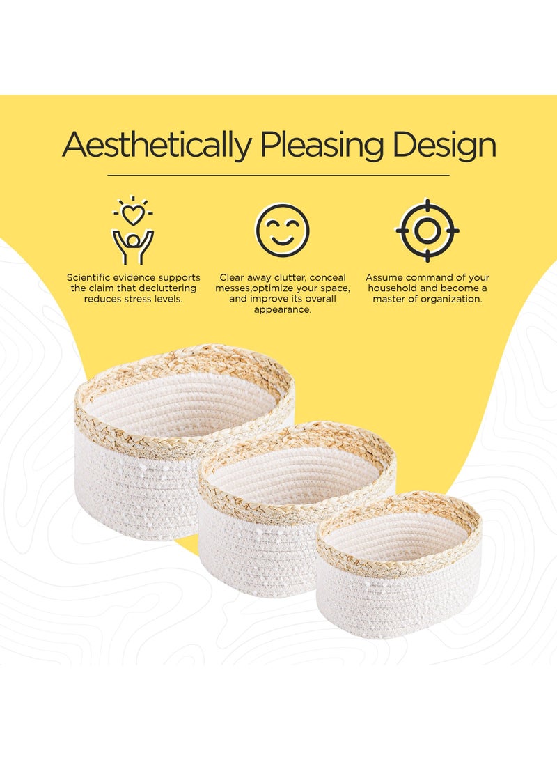 FCG Home FCG Home - Rope Woven Storage Baskets Set of 3 - Small Rope Baskets for Shelves Bathroom, Nursery Organizer Bins for Baby Toys, Snow Cotton and Corn Braids Design (White & Natural)  - Image 5