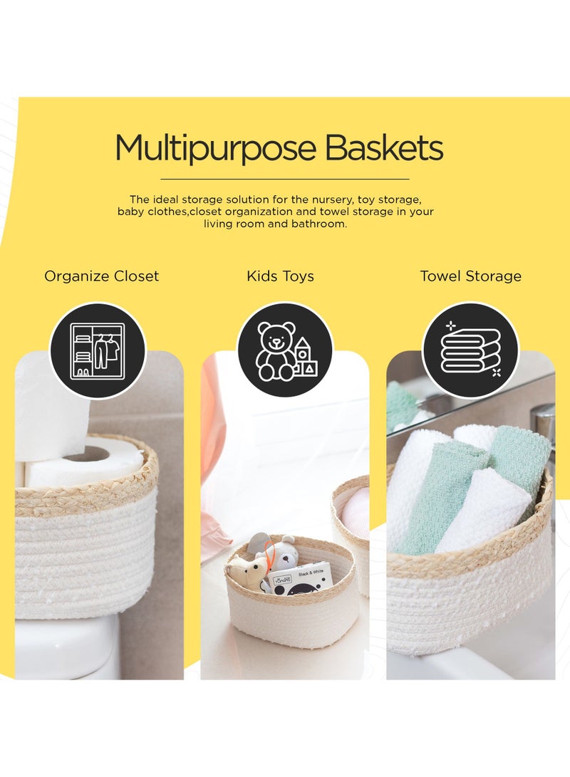 FCG Home FCG Home - Rope Woven Storage Baskets Set of 3 - Small Rope Baskets for Shelves Bathroom, Nursery Organizer Bins for Baby Toys, Snow Cotton and Corn Braids Design (White & Natural)  - Image 4