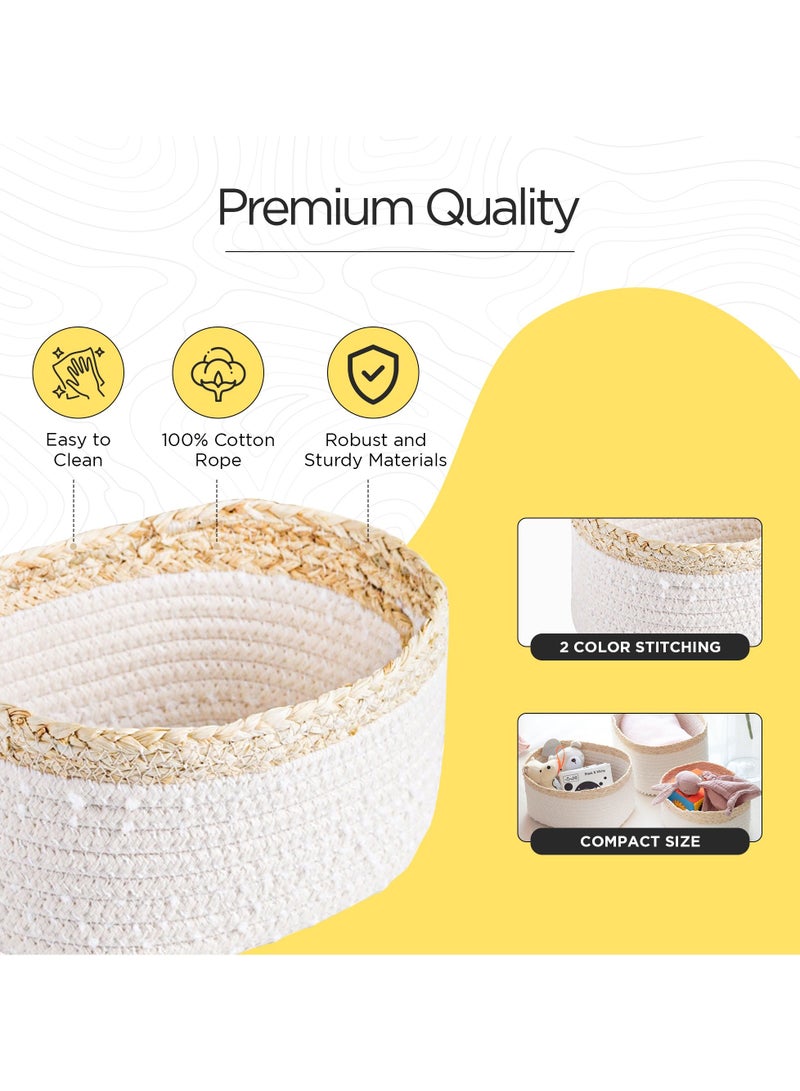 FCG Home FCG Home - Rope Woven Storage Baskets Set of 3 - Small Rope Baskets for Shelves Bathroom, Nursery Organizer Bins for Baby Toys, Snow Cotton and Corn Braids Design (White & Natural)  - Image 3