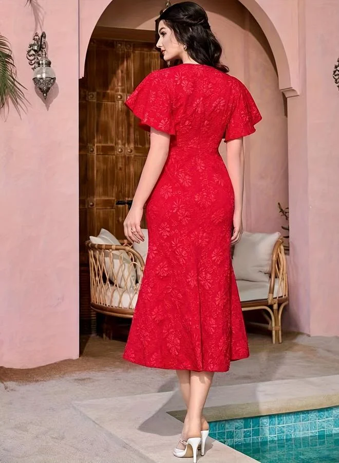 تايك تو Red Jacquard Sheath Midi Dress
