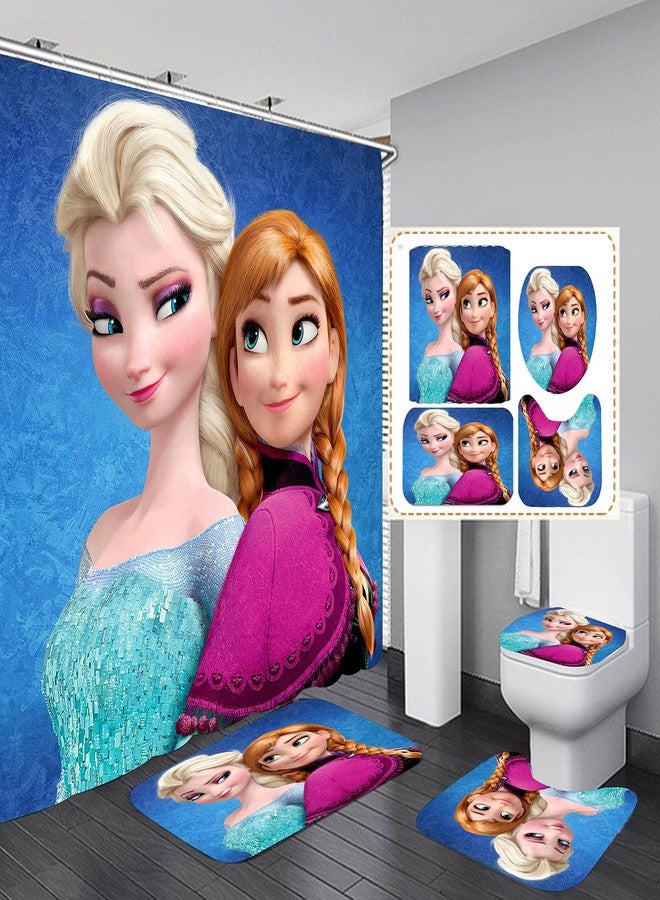 Frameless Cartoon Girls Bathroom 4 Pieces Shower Curtain Set, Toilet Lid Cover and Bath Mat, Non-Slip Rugs, Durable and Waterproof, for Bathroom Decor Set, 72" x 72" - Image 1