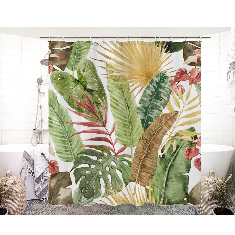 yurlisa Unique Boho Palm Leaves Theme Shower Curtain Sets with 12 Hooks, Bohemian Style Botanical Waterproof and Weighted Fabric Shower Curtains for Bathroom Bohemian Leaf, 72" W x 72" L (Pack of 1) - Image 1
