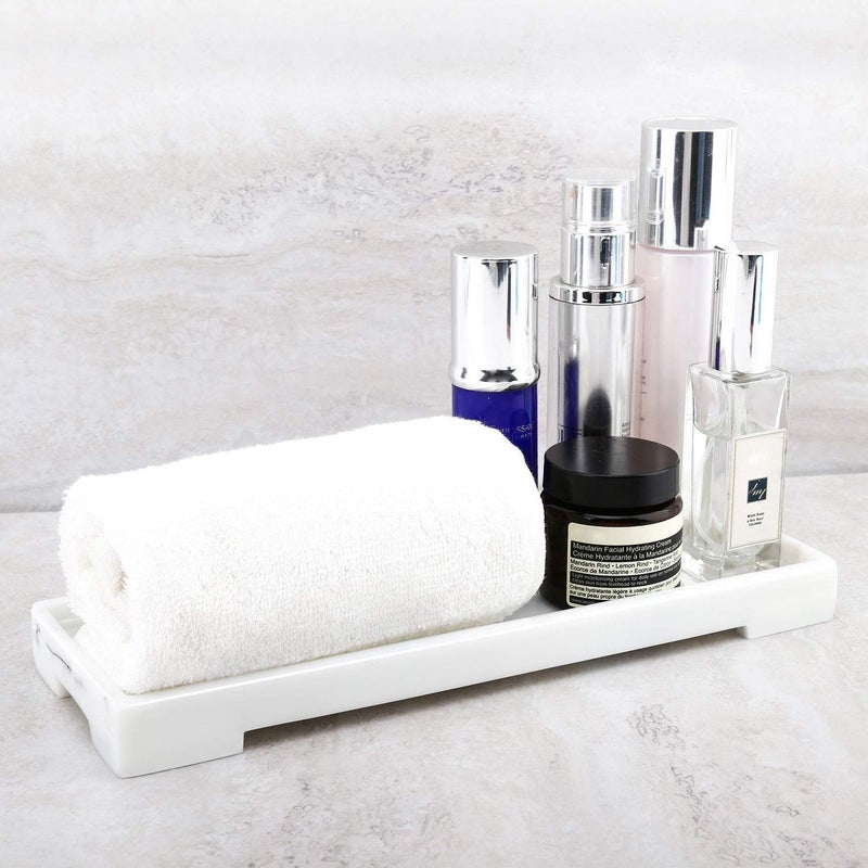 RM صينية رخامية لتخزين خزانات المرحاض من راميشفارام صينية رخامية من الراتنج لصينية الحمام صينية بنمط رخامية منظم لتجميل المناديل الشموع الصابون المناشف النباتات وغيرها رخام أبيض - Image 3