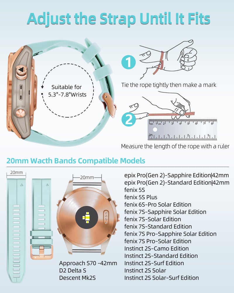 OUTVI 20mm Watch Band for Garmin fenix 6s 5s 7s pro epix pro gen 2 42mm Descent Mk2s Mk3 Mk3i soft silicone quick fit 20 bands with Rose Gold buckle for women Sea Foam - Image 3